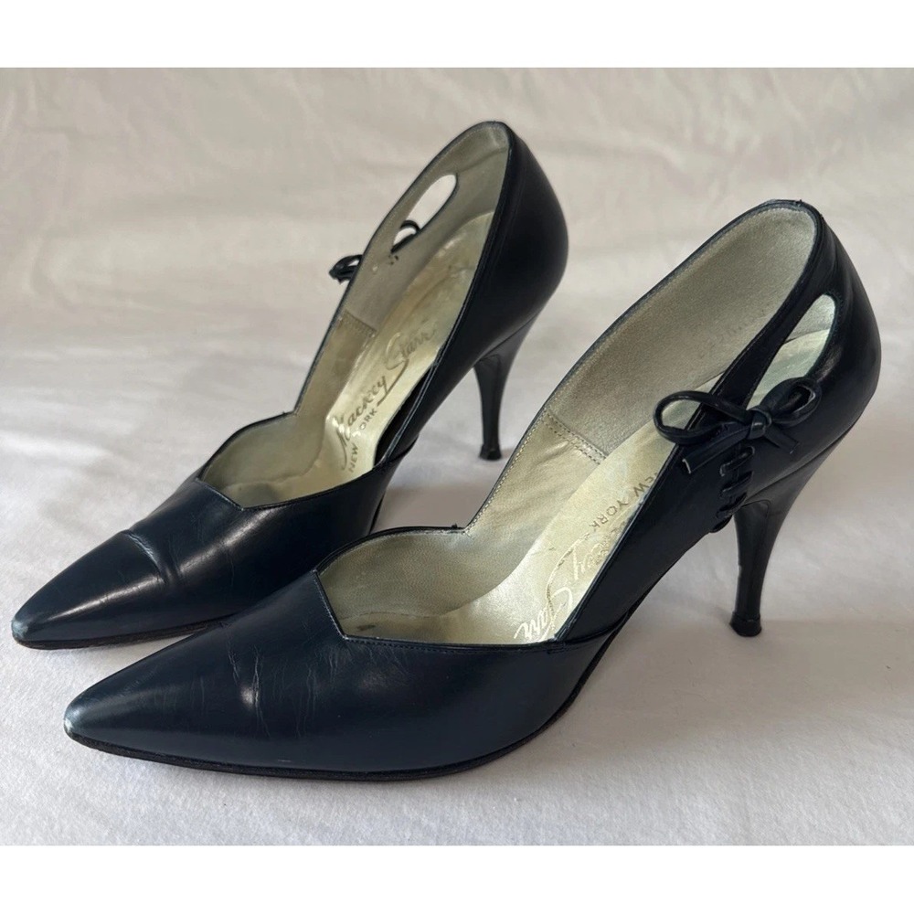 VTG 50s Mackey Starr New York Navy Blue Leather Pointed Toe Stiletto Heels 5.5